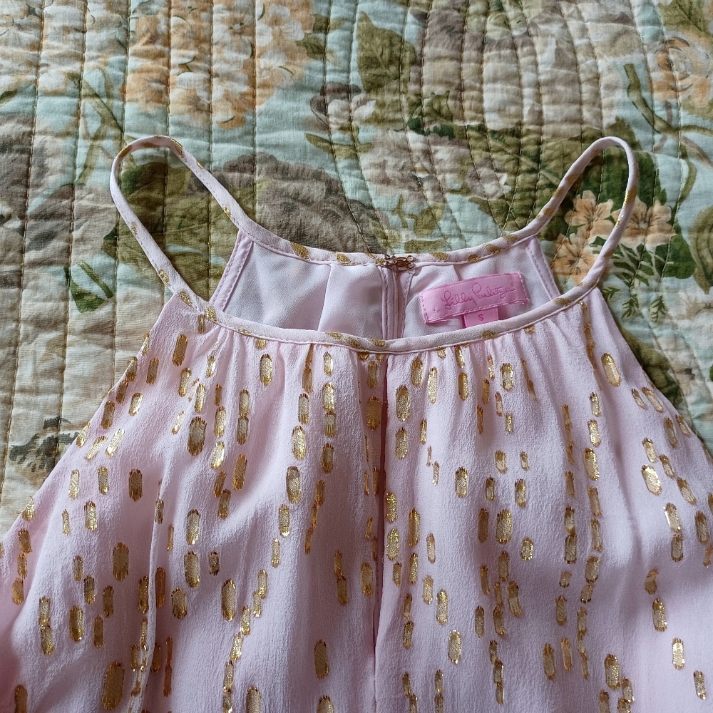 Lilly Pulitzer Silk Pink Tank Top with Gold Foil Spots, Size XS/S - Picture 5 of 16
